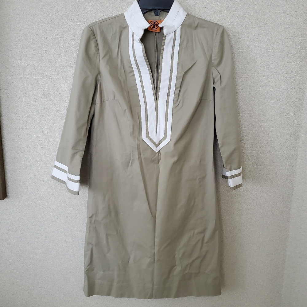 Tory Burch Mini Dress Kaftan Tan White Quarter sleeve Sz 2